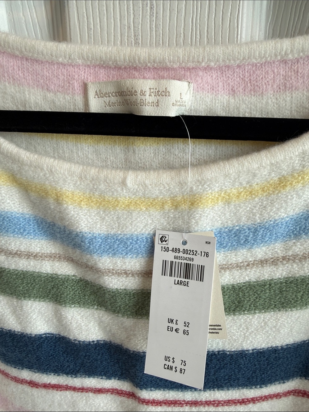 Abercrombie Striped Slash Sweater Merino Wool - Navy, Pink, Green, Yellow, Cream - Picture 2 of 4